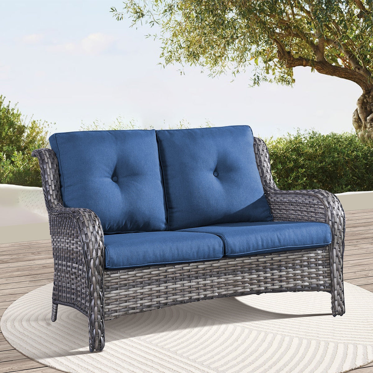 Outdoor Patio Furniture Wicker Loveseat Sofa, NTC Series - Mixed Grey Wicker / Blue Cushion