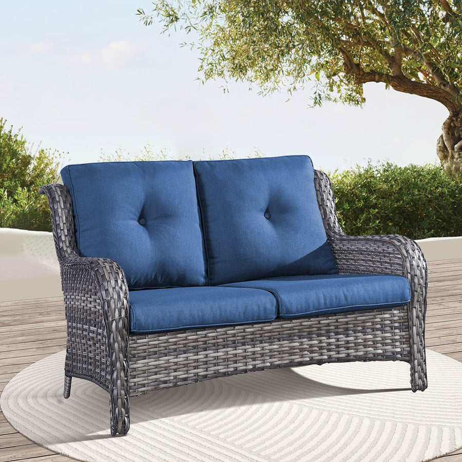 Outdoor Patio Furniture Wicker Loveseat Sofa, NTC Series - Mixed Grey Wicker / Blue Cushion