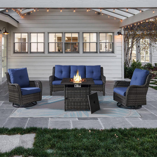 4-Piece Wicker Patio Set with Fire Pit Table, NTC Series - Mixed Grey Wicker / Blue Cushion