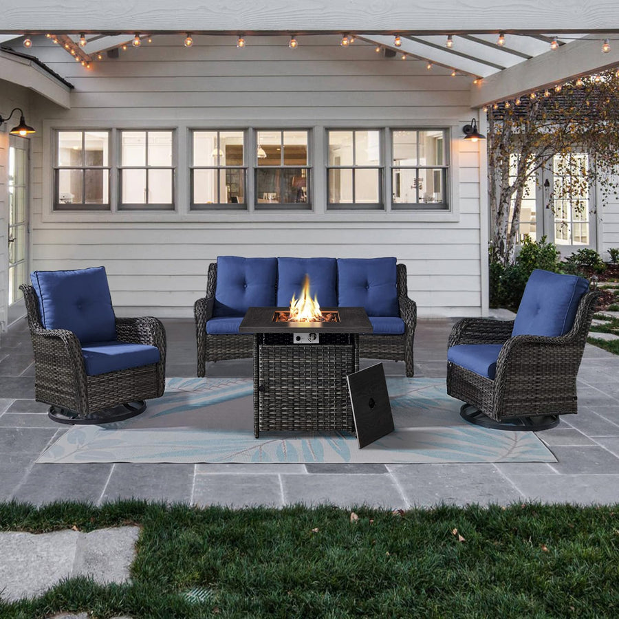 4-Piece Wicker Patio Set with Fire Pit Table, NTC Series - Mixed Grey Wicker / Blue Cushion