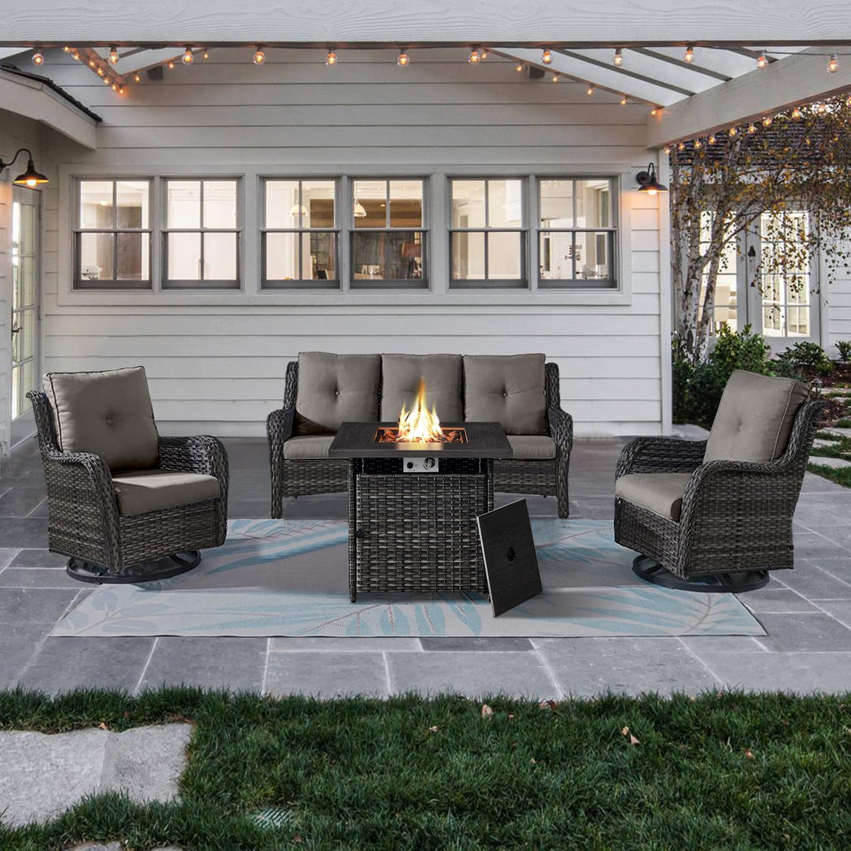 4-Piece Wicker Patio Set with Fire Pit Table, NTC Series - Mixed Grey Wicker / Grey Cushion