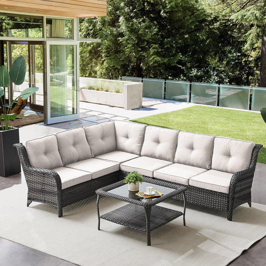 3 Pieces L-Shaped Wicker Sectional Sofa Set – Seats 6, NTC Series - Mixed Grey Wicker / Beige Cushion
