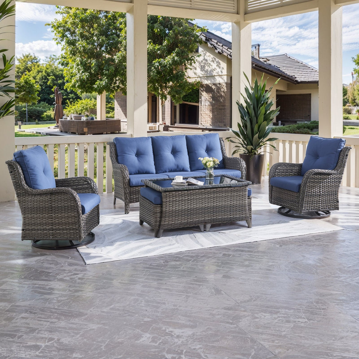 6-Piece Wicker Patio Set, Sofa, Swivel Glider Chairs & Table, NTC Series - Mixed Grey Wicker / Blue Cushion