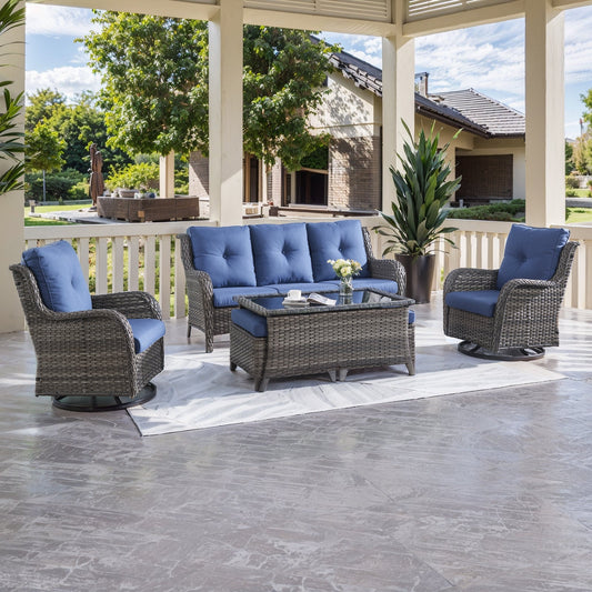 6-Piece Wicker Patio Set, Sofa, Swivel Glider Chairs & Table, NTC Series - Mixed Grey Wicker / Blue Cushion