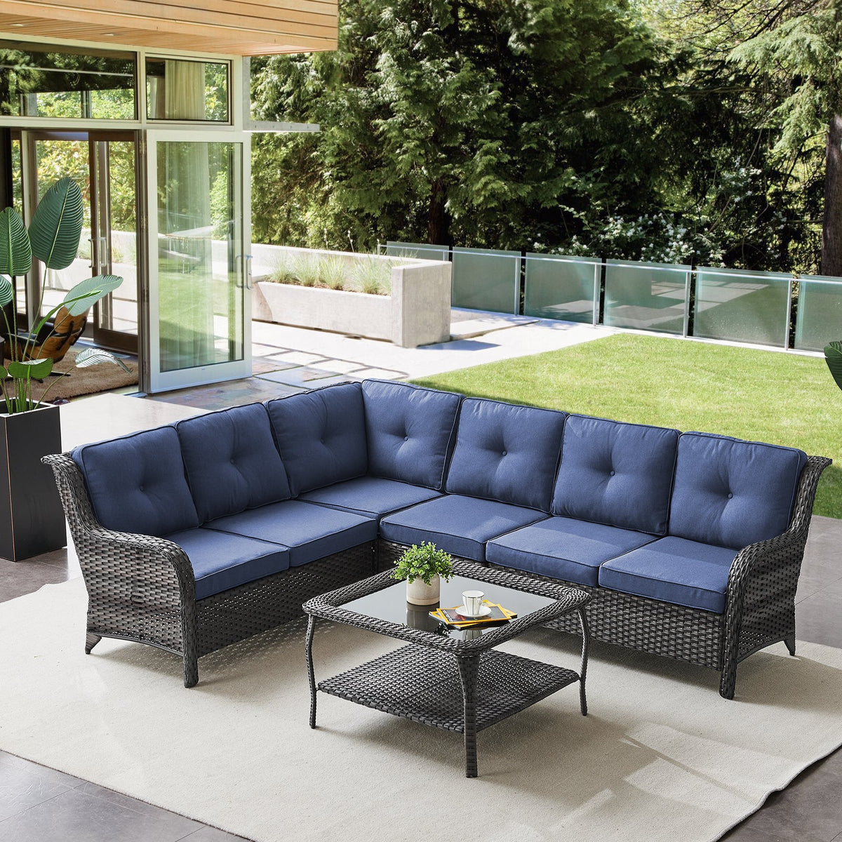 3 Pieces L-Shaped Wicker Sectional Sofa Set – Seats 6, NTC Series - Mixed Grey Wicker / Blue Cushion
