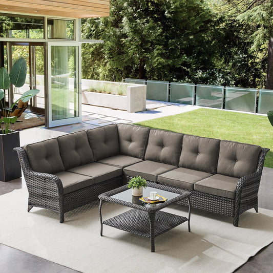 3 Pieces L-Shaped Wicker Sectional Sofa Set – Seats 6, NTC Series - Mixed Grey Wicker / Grey Cushion