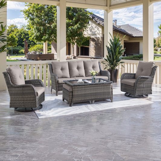 6-Piece Wicker Patio Set, Sofa, Swivel Glider Chairs & Table, NTC Series - Mixed Grey Wicker / Grey Cushion