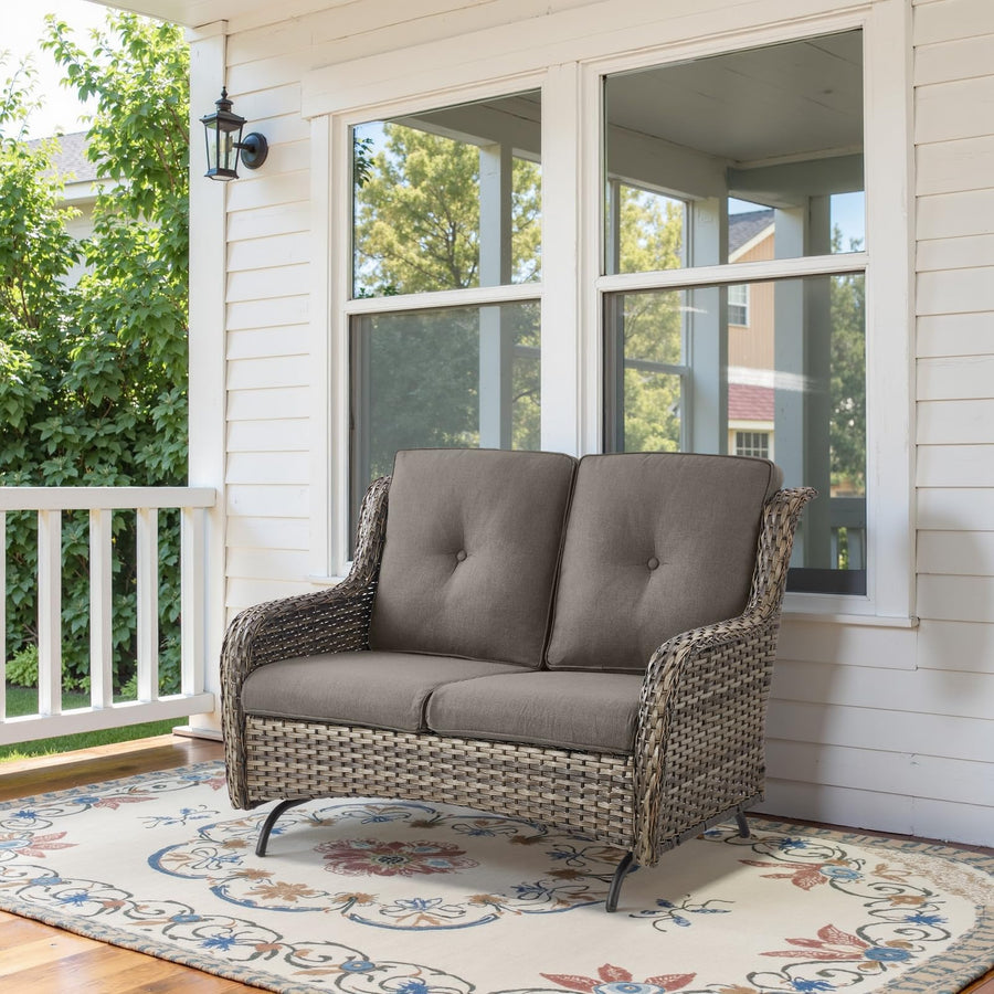 Outdoor Patio Wicker Glider Loveseat for Garden Backyard, NTC Series - Mixed Grey Wicker / Grey Cushion
