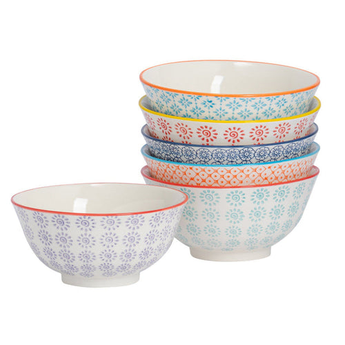 16cm Hand Printed Stoneware Cereal Bowls - Pack of Six - Multi