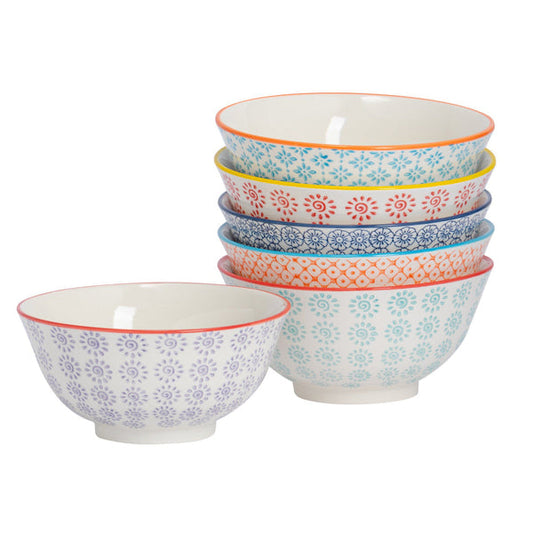 16cm Hand Printed Stoneware Cereal Bowls - Pack of Six - Multi