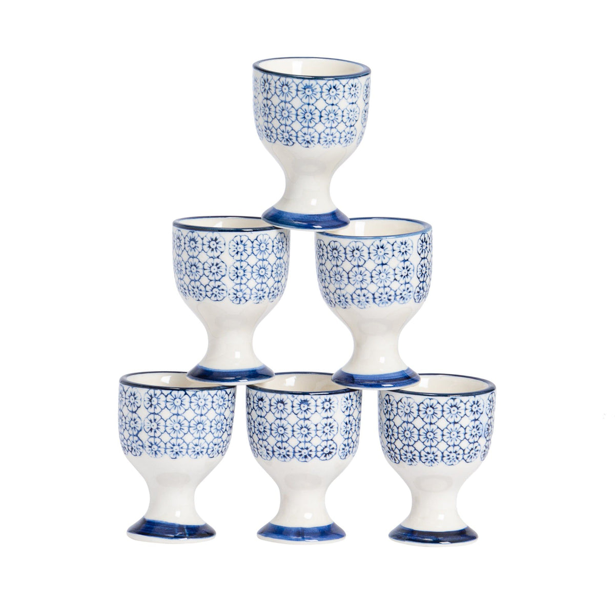 Floral Hand Printed Stoneware Egg Cups - Pack of Six