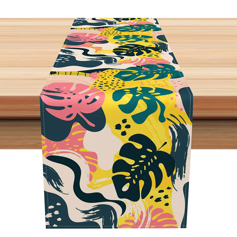 Aperturee Abstract Art Table Runner with Painted Monstera Leaves, Modern Botanical Decor for Kitchen and Dining, 12x72in (WxH), 15.52 USD, table run