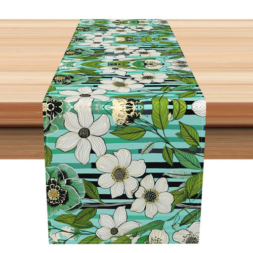 Aperturee Botanical Stripe Table Runner with Green Leaves and Floral Print, for Spring and Summer Kitchen Decor, 12x72in (WxH), 15.52 USD, table run