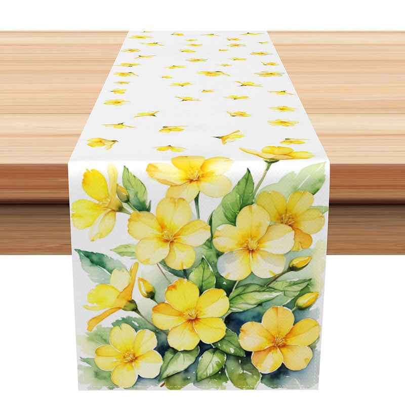 Aperturee Spring Floral Table Runner with Painted Yellow Flowers and Green Leaves, for Easter and Kitchen Decor, 12x72in (WxH), 15.52 USD, table run
