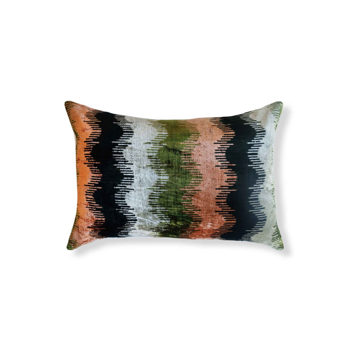 Napa Silk Ikat Lumbar Pillow - 16" x 24" / Coral & Green & Black