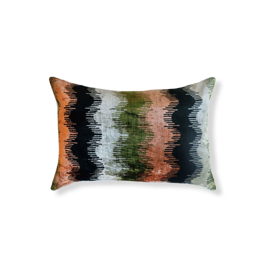 Napa Silk Ikat Lumbar Pillow - 16" x 24" / Coral & Green & Black
