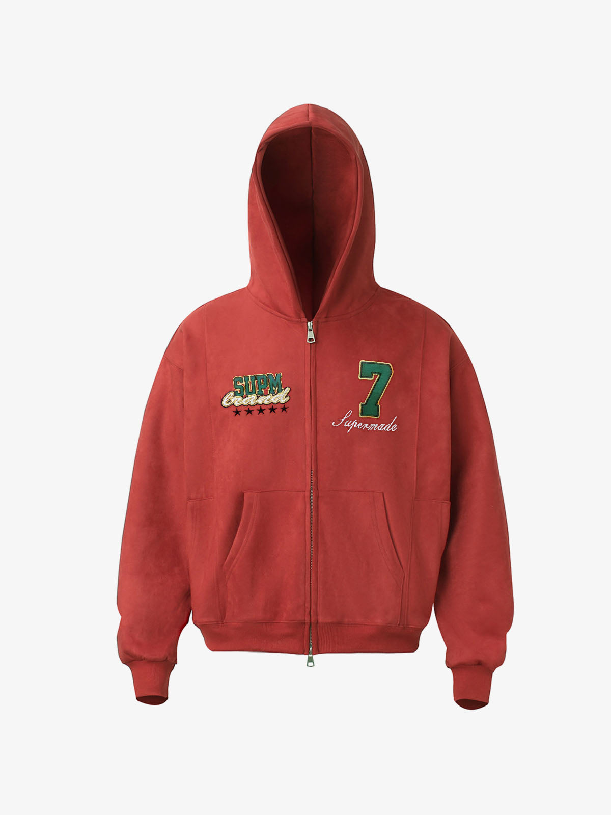 Suede Letter Embroidered Cropped Zip-Up Hoodie - Red / S