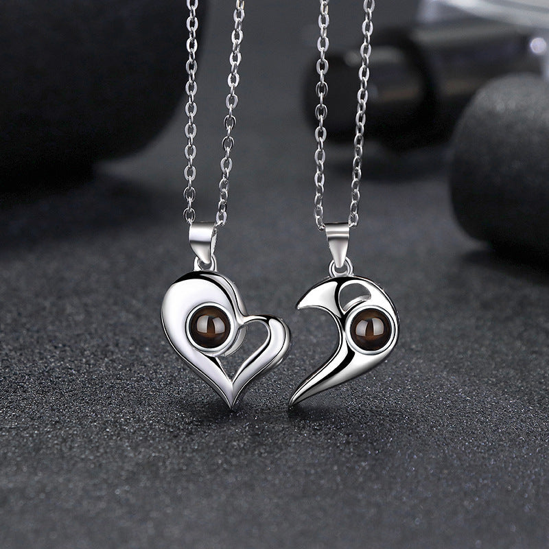 925 Silber Personalisierte Foto Projektion Kette mit Bild im Stein - Herz mit Magnetisch[Bonus schwarze Kette]
