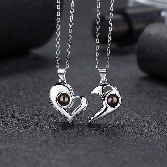 925 Silber Personalisierte Foto Projektion Kette mit Bild im Stein - Herz mit Magnetisch[Bonus schwarze Kette]