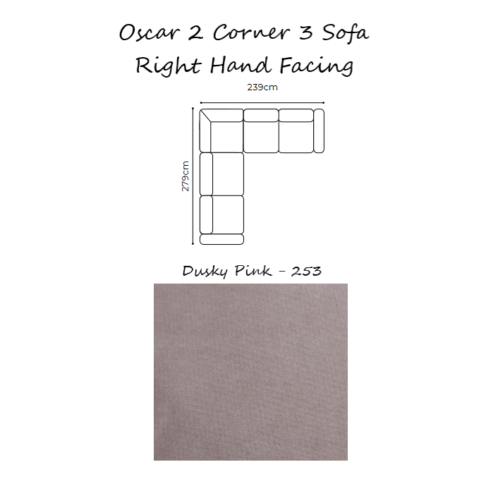 Oscar Velvet Corner Sofa Collection - Choice Of Sizes & Velvet - 2 Corner 3 Sofa - Right Hand Facing / DUSKY PINK - 253