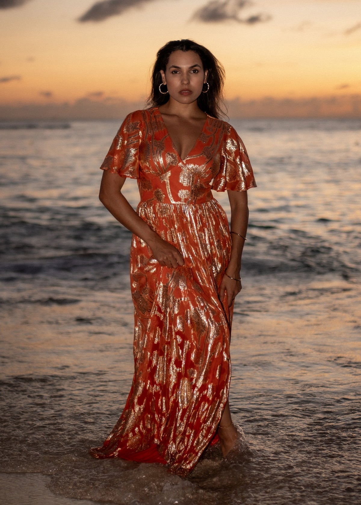 Orange Metallic Jacquard Flutter Sleeves Floral Maxi Dress