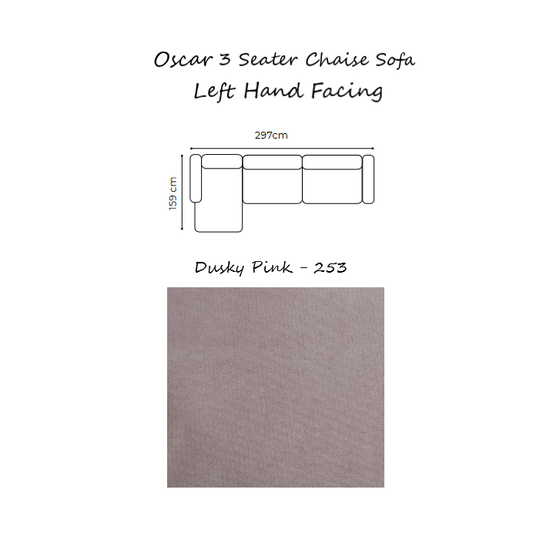 Oscar Velvet Corner Sofa Collection - Choice Of Sizes & Velvet - 3 Seater Chaise Sofa - Left Hand Facing / DUSKY PINK - 253