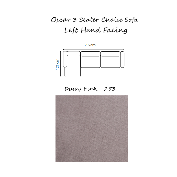 Oscar Velvet Corner Sofa Collection - Choice Of Sizes & Velvet - 3 Seater Chaise Sofa - Left Hand Facing / DUSKY PINK - 253