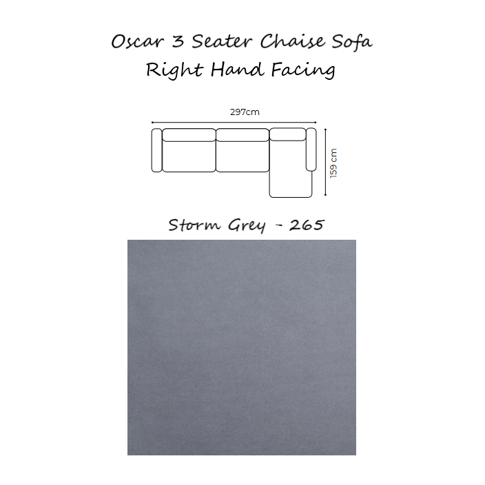 Oscar Velvet Corner Sofa Collection - Choice Of Sizes & Velvet - 3 Seater Chaise Sofa Right Hand Facing / STORM GREY - 265