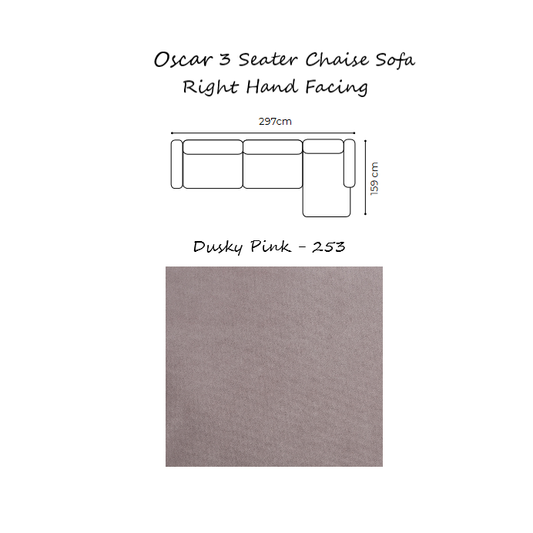 Oscar Velvet Corner Sofa Collection - Choice Of Sizes & Velvet - 3 Seater Chaise Sofa Right Hand Facing / DUSKY PINK - 253