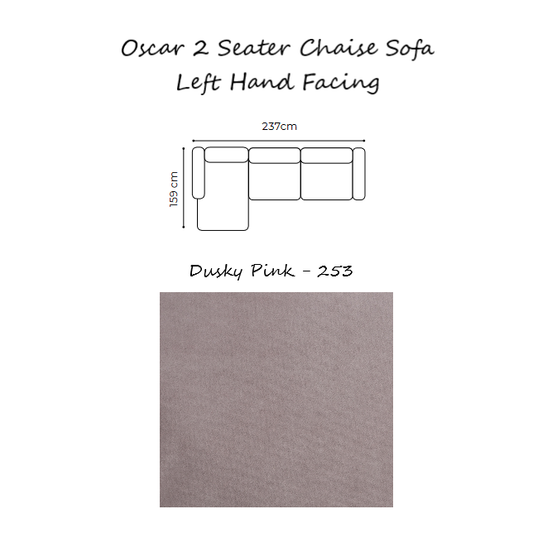 Oscar Velvet Corner Sofa Collection - Choice Of Sizes & Velvet - 2 Seater Chaise Sofa - Left Hand Facing / DUSKY PINK - 253