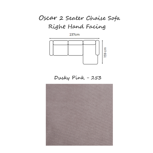 Oscar Velvet Corner Sofa Collection - Choice Of Sizes & Velvet - 2 Seater Chaise Sofa - Right Hand Facing / DUSKY PINK - 253