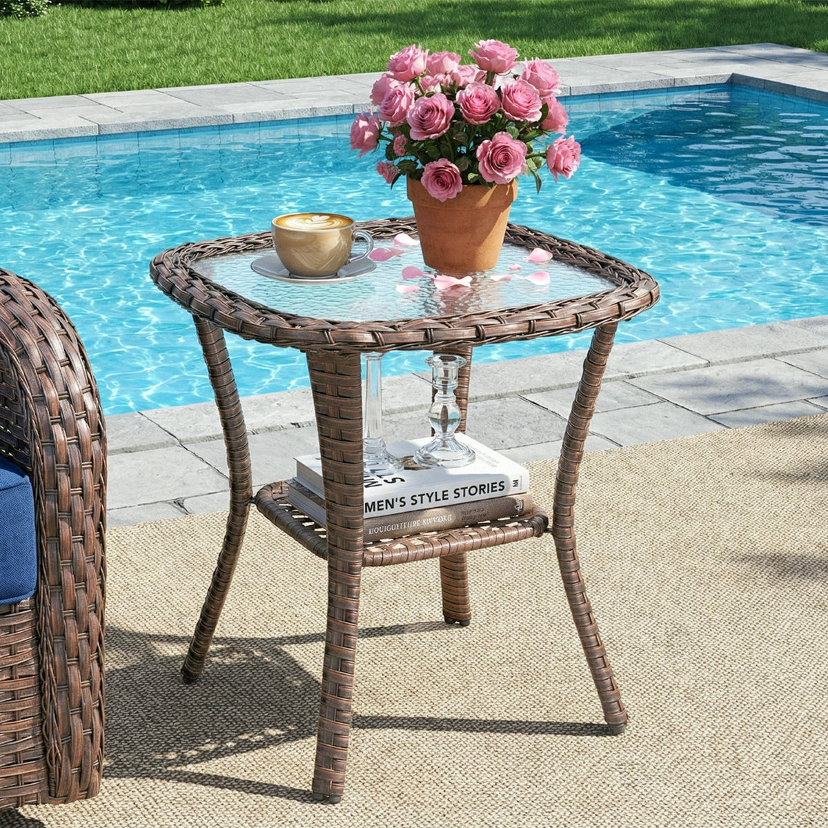 Outdoor Wicker Side Table with Glass Top Storage Shelf, NTC Series - Brown Wicker