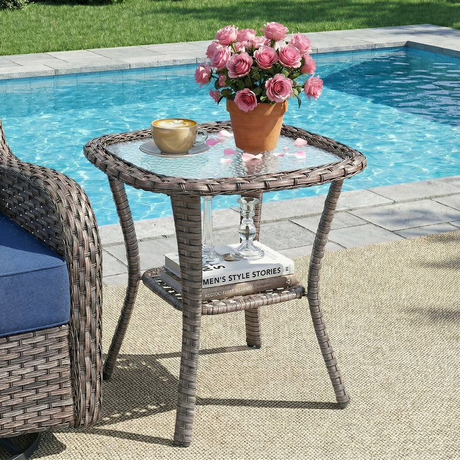 Outdoor Wicker Side Table with Glass Top Storage Shelf, NTC Series - Mixed Grey Wicker
