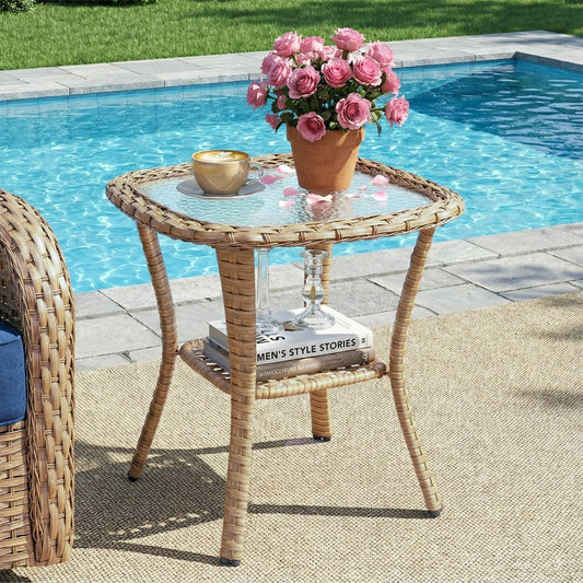 Outdoor Wicker Side Table with Glass Top Storage Shelf, NTC Series - Yellow Wicker