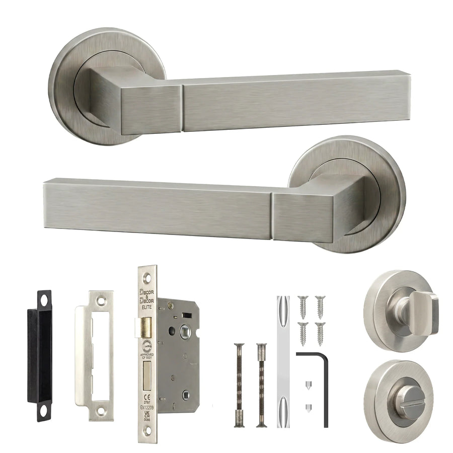 Lumina Satin Nickel Bathroom Door Lever Handles - Bathroom Kit 64mm