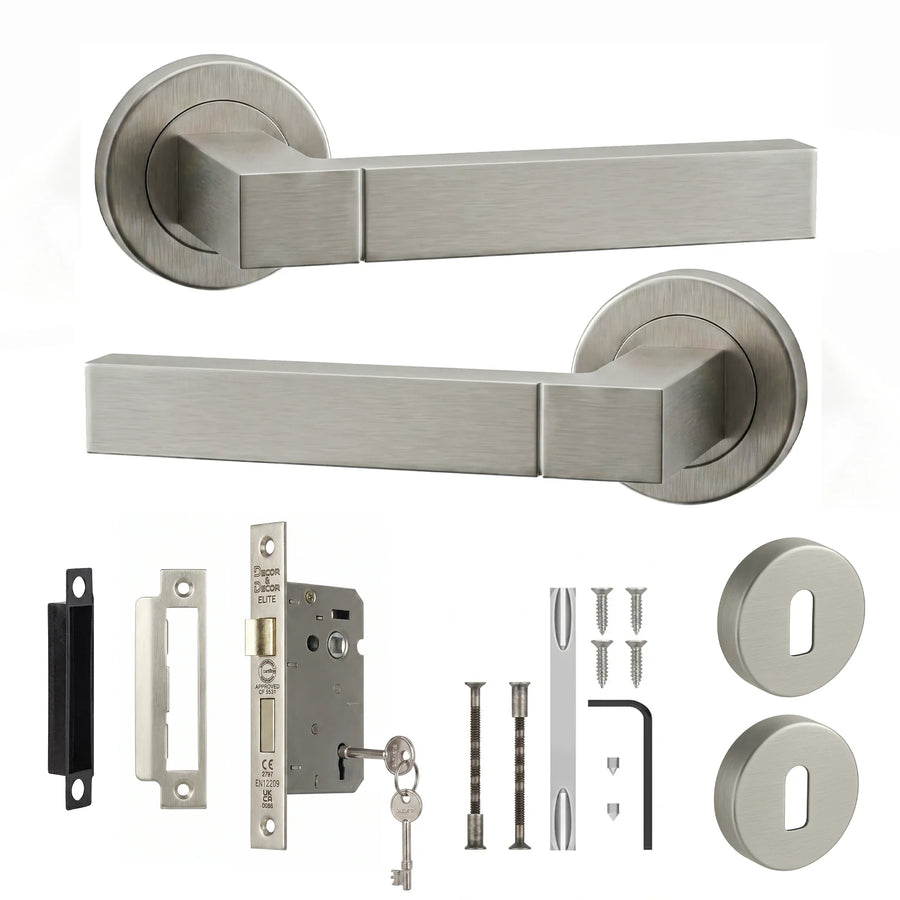 Lumina Satin Nickel Privacy Door Lever Handles - Sash Lock Kit 64mm