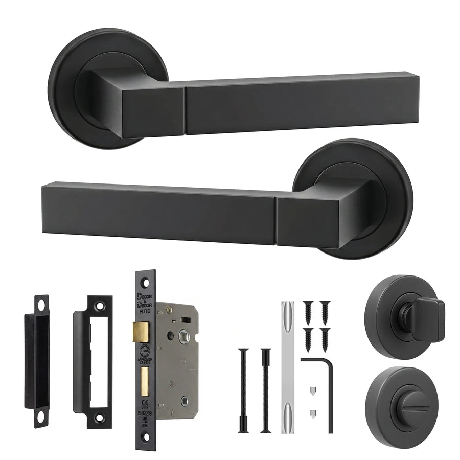 Lumina Matt Black Bathroom Door Lever Handles - Bathroom Kit 64mm
