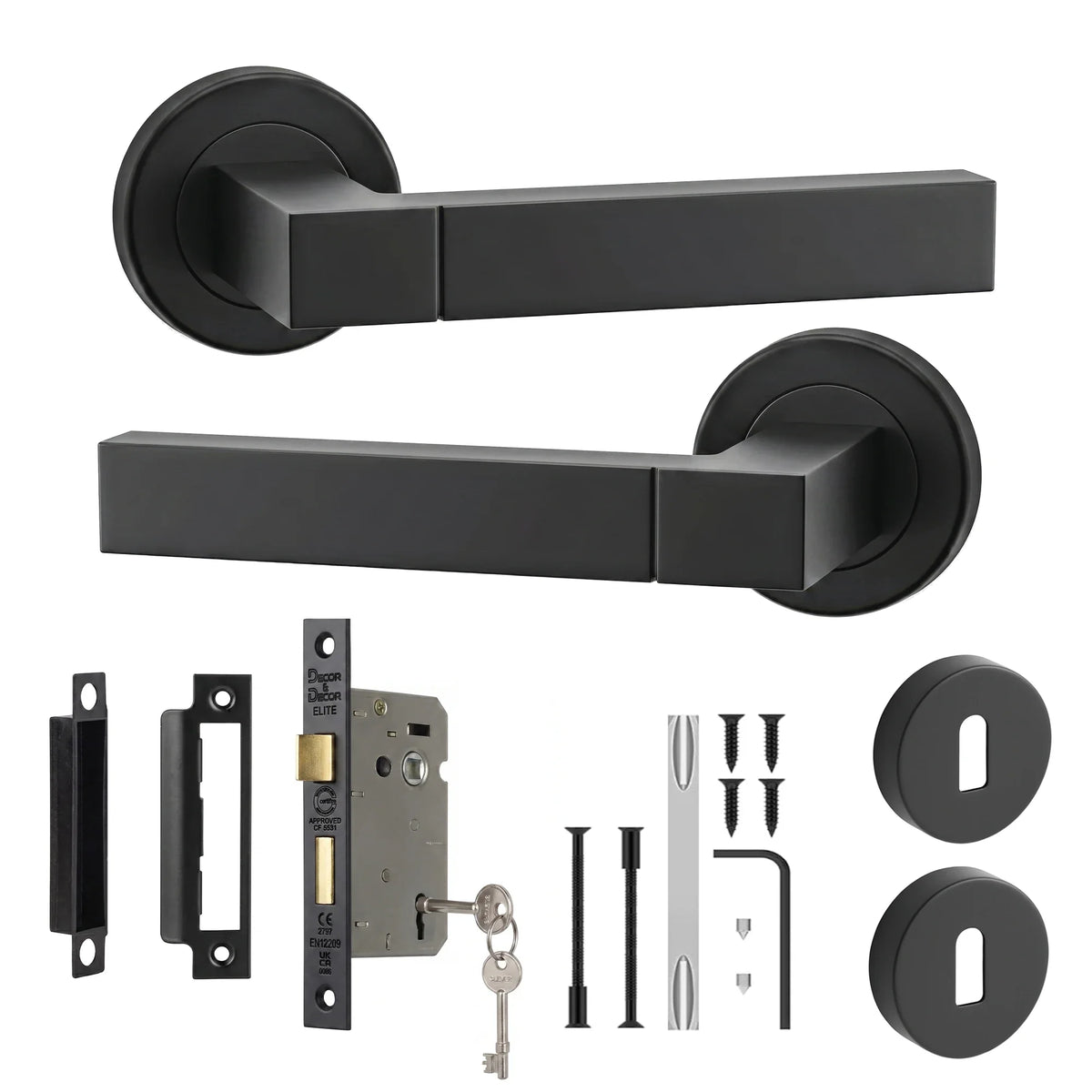 Lumina Matt Black Privacy Door Lever Handles - Sash Lock Kit 64mm
