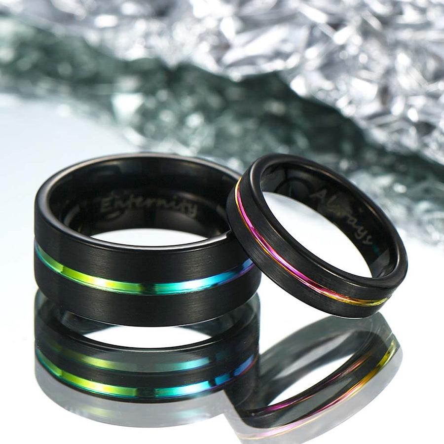 【Paar】Schwarzer Regenbogen Wolfram Ring - Neonnacht