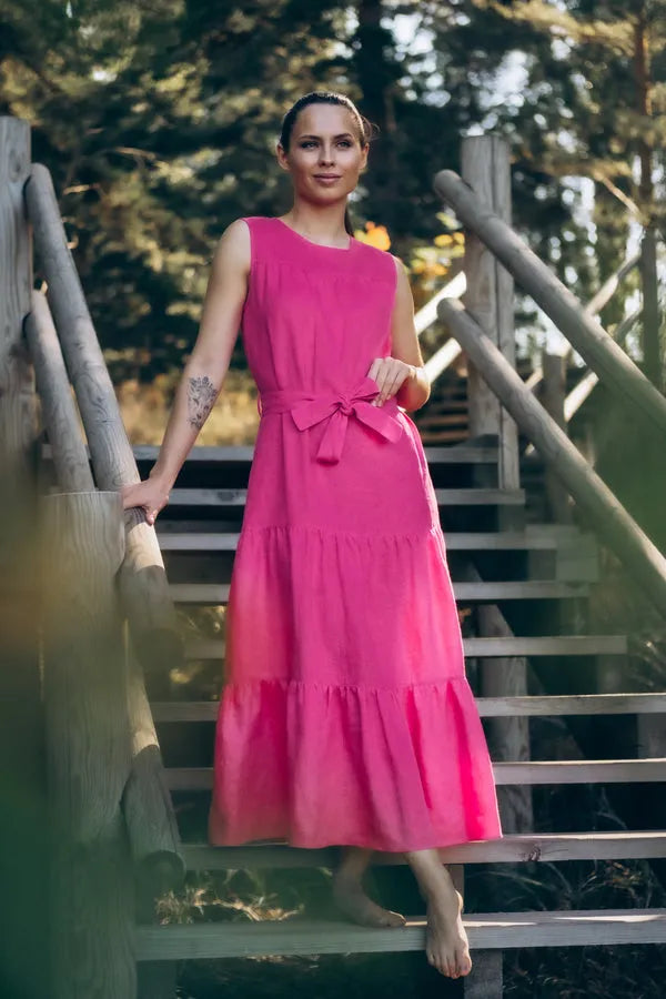 Pearl - Tiered Linen Midi Dress | Size: M | Color: Deep Sky Blue