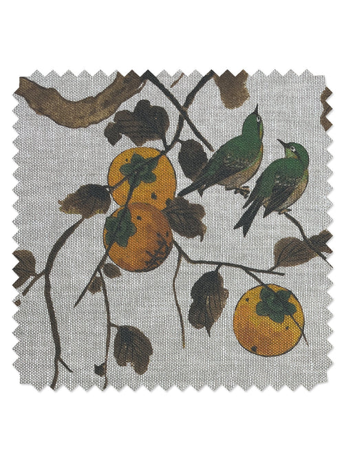 'Persimmon Birds' Flax Linen Fabric by Nathan Turner - Mustard - FLAX LINEN / YARD