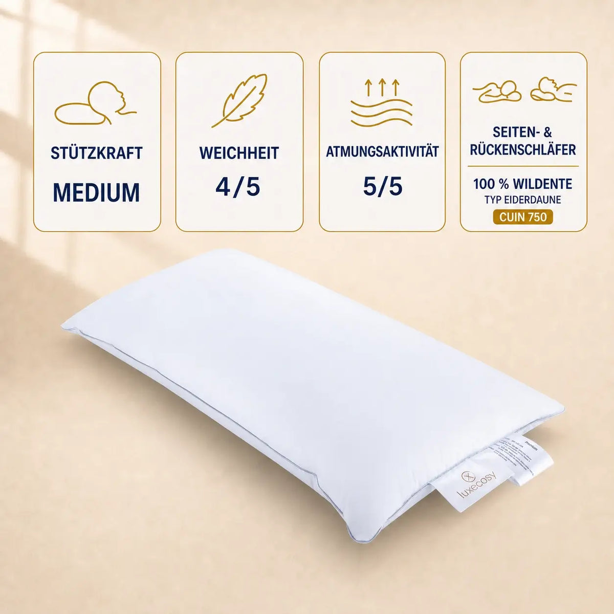 Premium 3-Kammer Daunenkissen Typ Eiderdaune - 40x80 cm / Medium