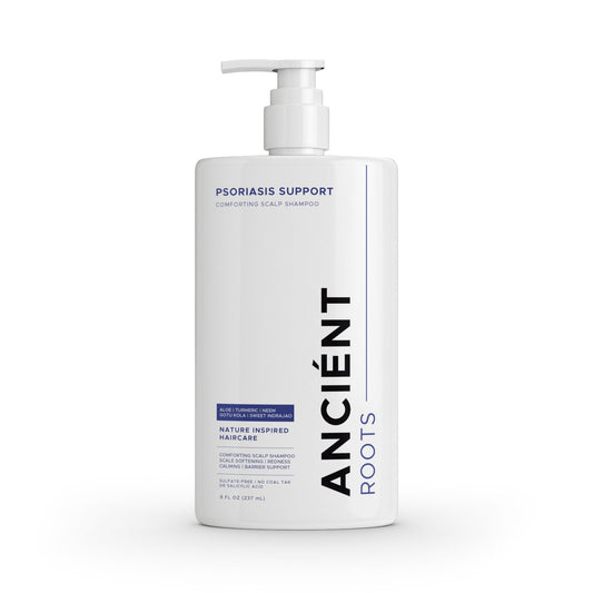 Ancient Roots Psoriasis Support Shampoo for Dry Flaky Scalp, Comforting Scalp Shampoo with Aloe Vera, Turmeric, Neem, Gotu Kola and Sweet Indrajao, 8 