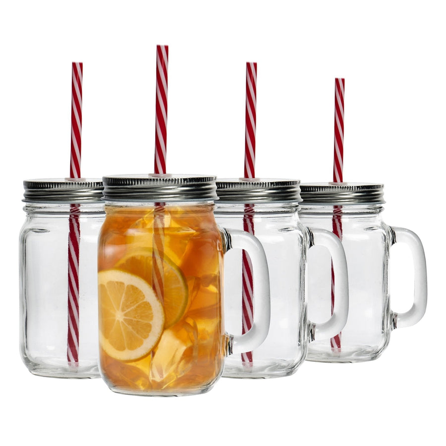 450ml Mason Drinking Jar Glasses with Straws - Pack of Four