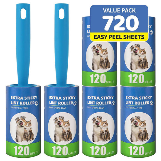 6 Pack Extra Sticky Lint Roller Refills with Handle - 6 Pack with Handle