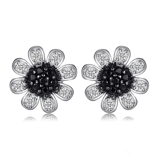 Elegant Flower Design Black Spinel Stud Earrings in Solid 925 Sterling Silver - A Perfect Fine Jewelry Gift for Women