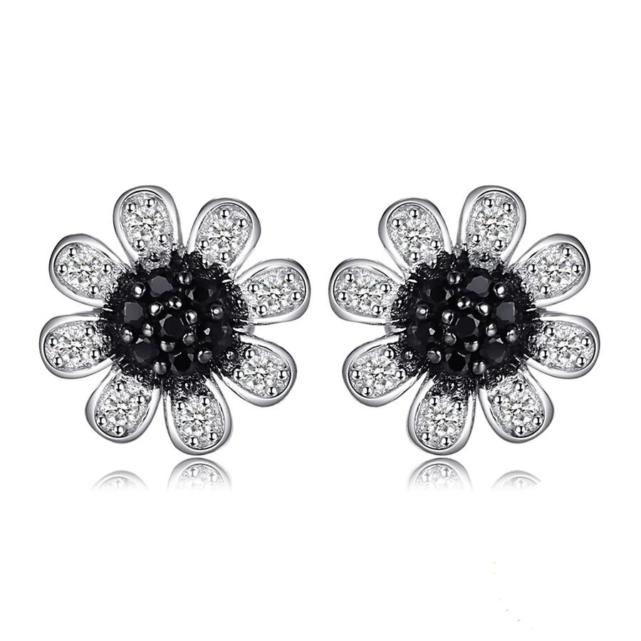 Elegant Flower Design Black Spinel Stud Earrings in Solid 925 Sterling Silver - A Perfect Fine Jewelry Gift for Women