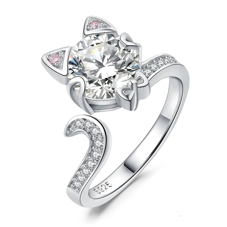 Exquisite 3Ct Love Cat Round Gemstone Adjustable Ring in 925 Sterling Silver for Women - Perfect for Any Occasion