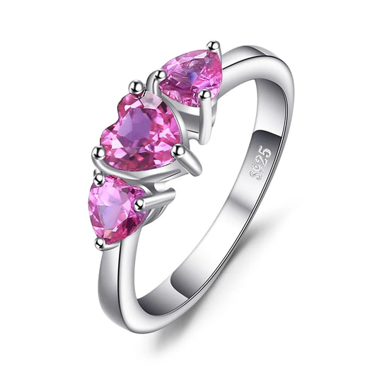 Enchanting Love Heart 1.2Ct Created Pink Sapphire 925 Sterling Silver Three Stone Engagement and Wedding Ring for Women - 6