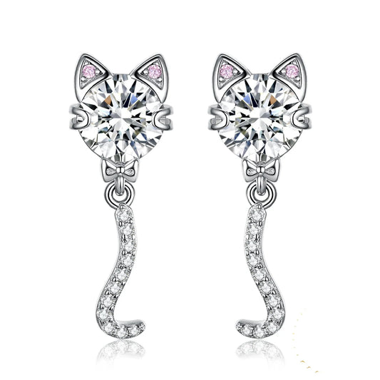 Elegant Love Cat Wagging Tail 4Ct Round Gemstone Stud Earrings in 925 Sterling Silver - Perfect Gift for Women and Girls